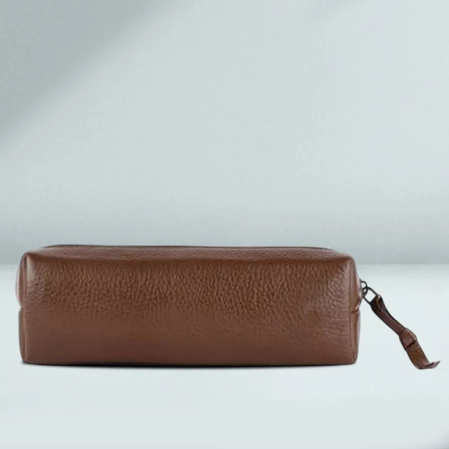 Stylish Leather Utility Pouch in Brushwood color, perfect for organizing pens, makeup brushes, and more.