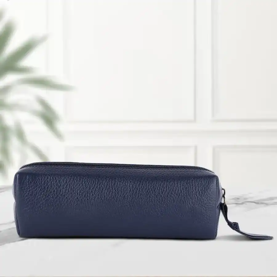 Stylish blue leather utility pouch for versatile organization, suitable for any occasion.