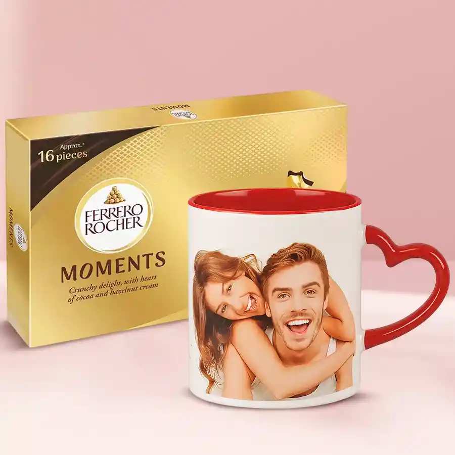 Personalized heart handle mug with Ferrero Rocher chocolates.